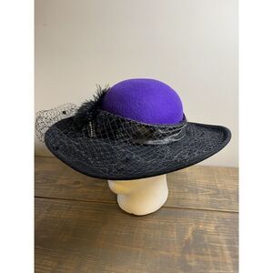 VTG Mr. Charles Michael Howard Women's Hat Feather Blk Purple Felted Wool 21.5”